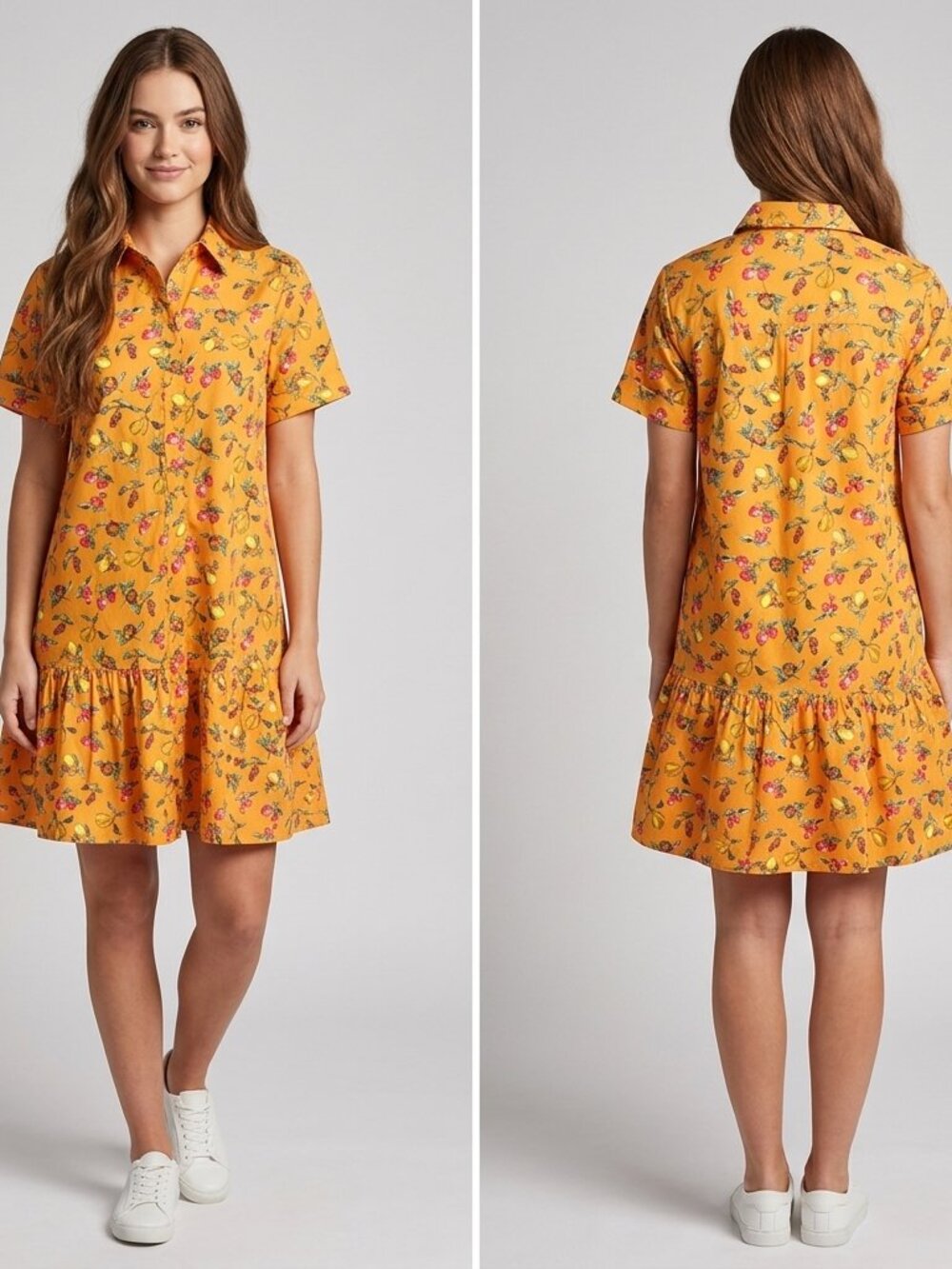 Donna Morgan Orange Fruit Print Tiered,Pockets Size 8 Button-Front Cotton Dress